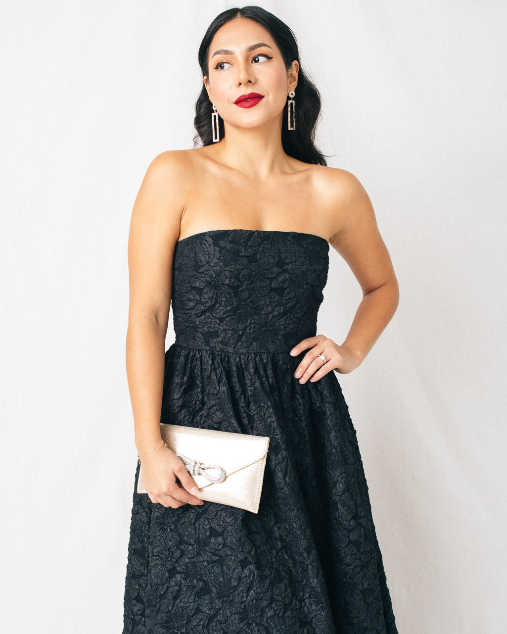 Arielle Jacquard Strapless Bubble Hem Midi Dress