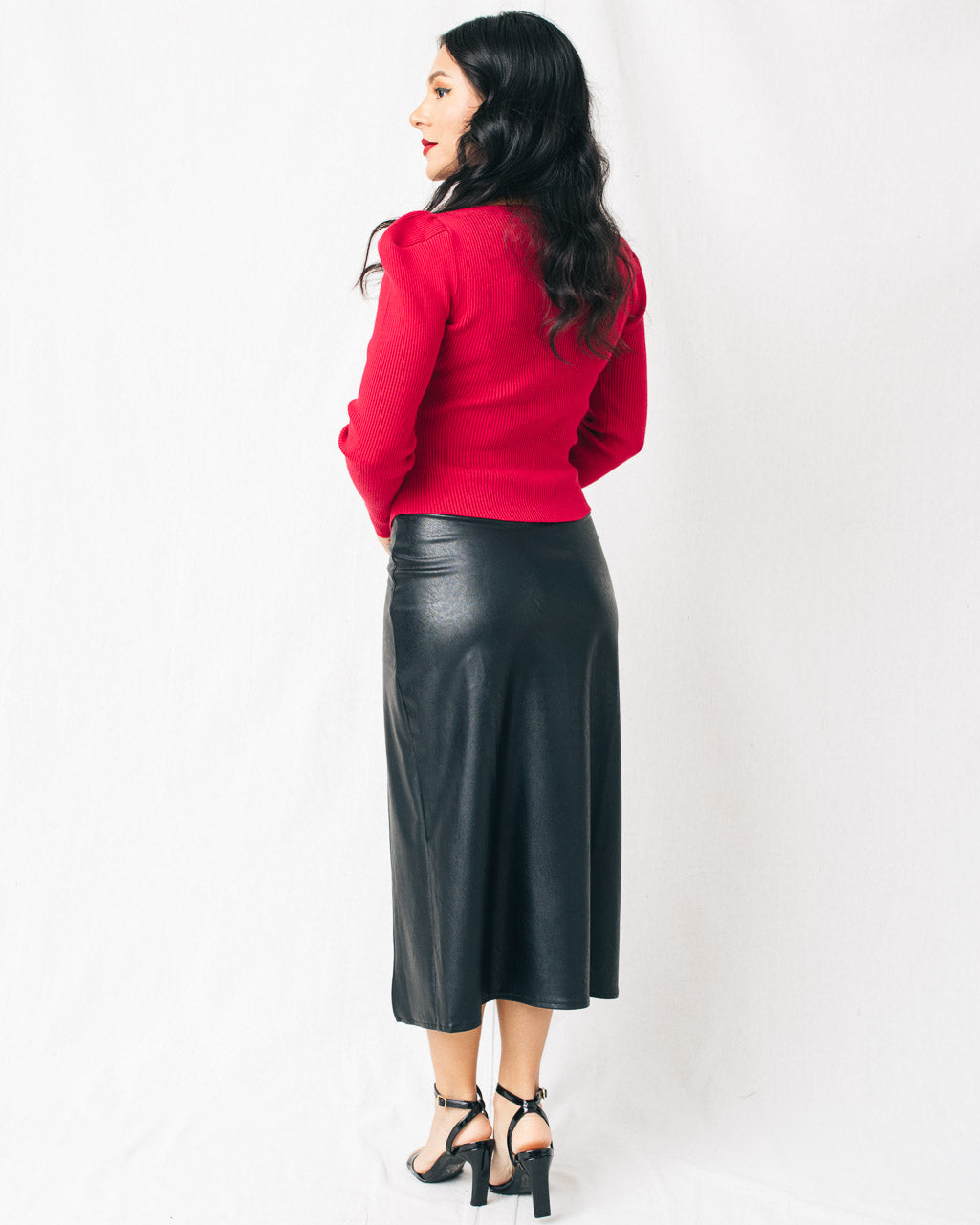 Aviana High Slit Faux Leather Midi Skirt