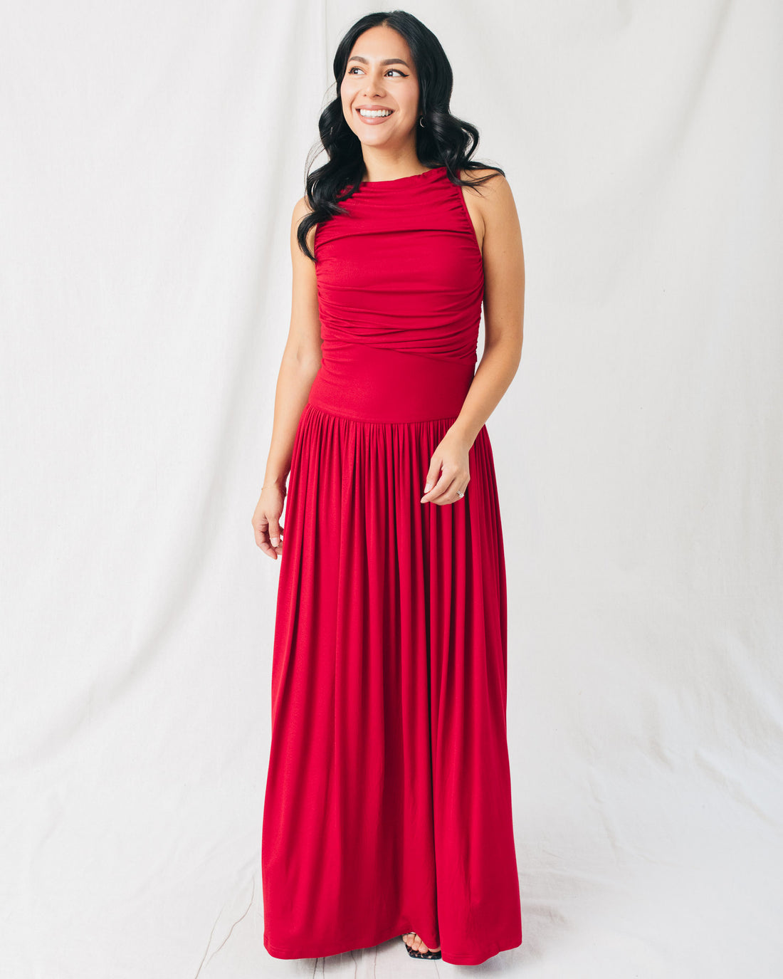 Leni Boat Neck Ruched Maxi Dress