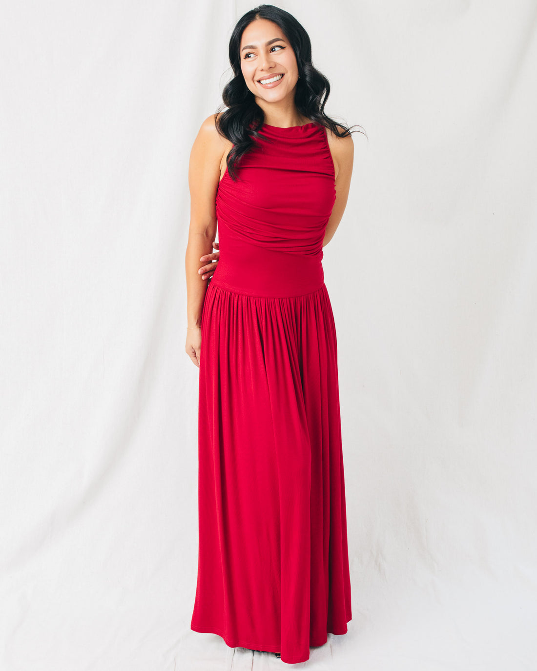 Leni Boat Neck Ruched Maxi Dress