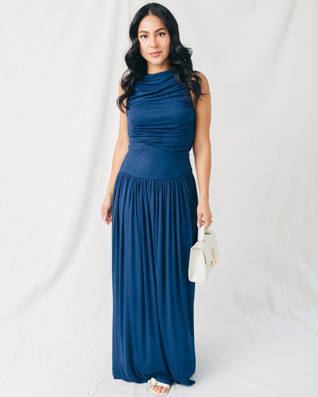 Leni Boat Neck Ruched Maxi Dress