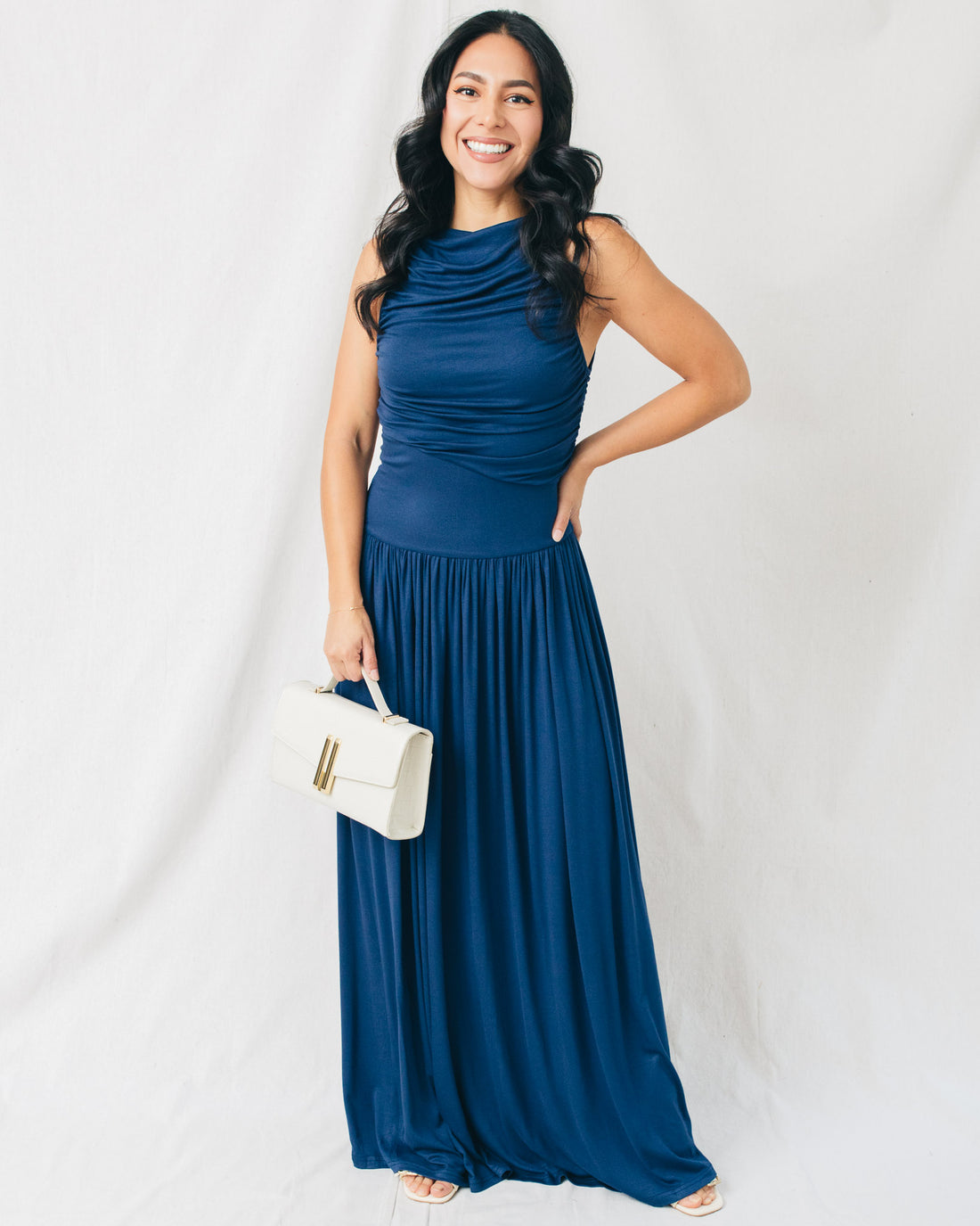 Leni Boat Neck Ruched Maxi Dress