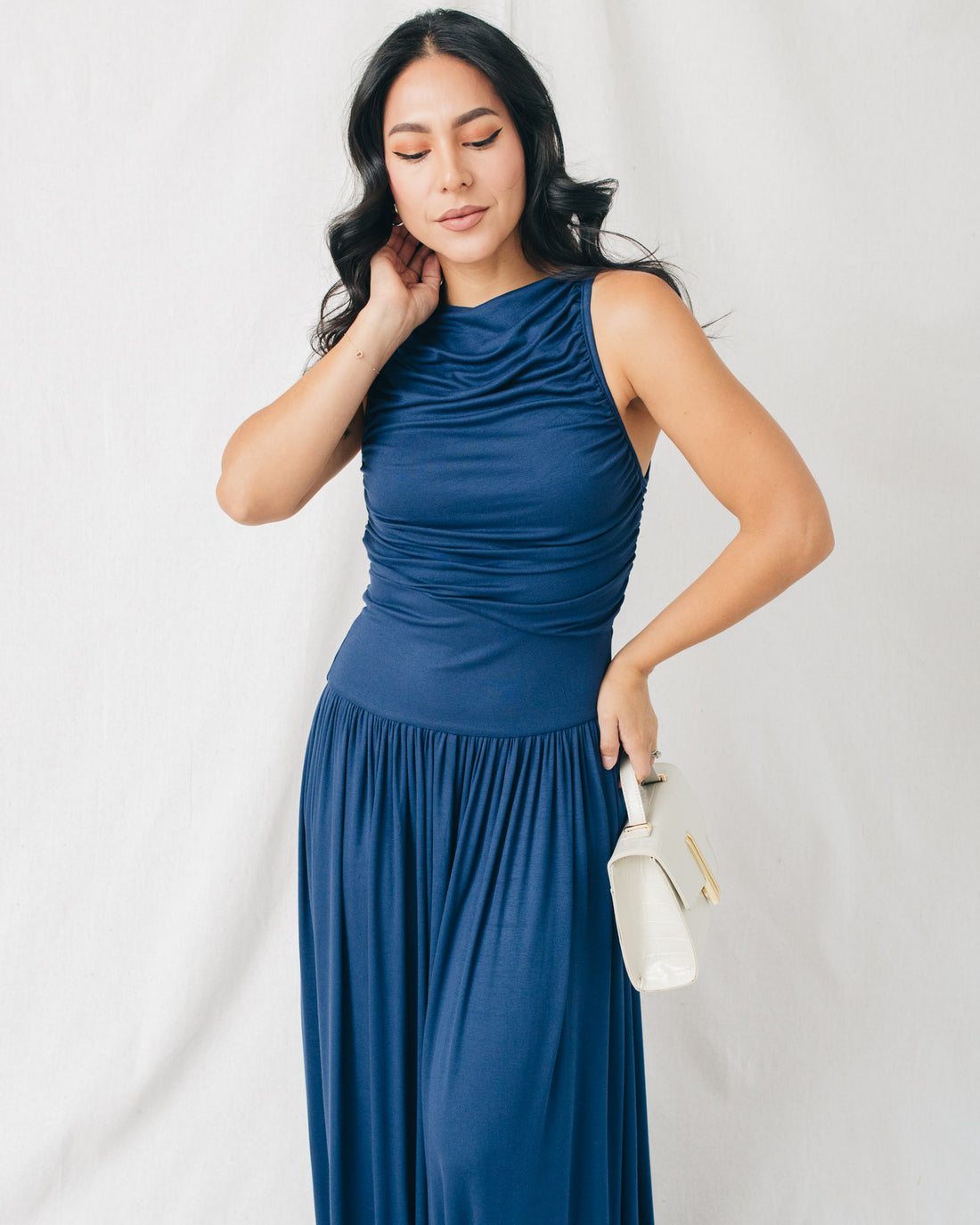 Leni Boat Neck Ruched Maxi Dress