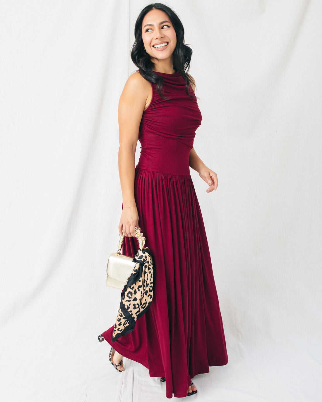 Leni Boat Neck Ruched Maxi Dress