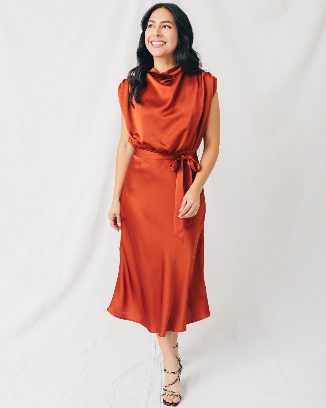 Vicky Cowl Neck Belted Solid Midi Dress