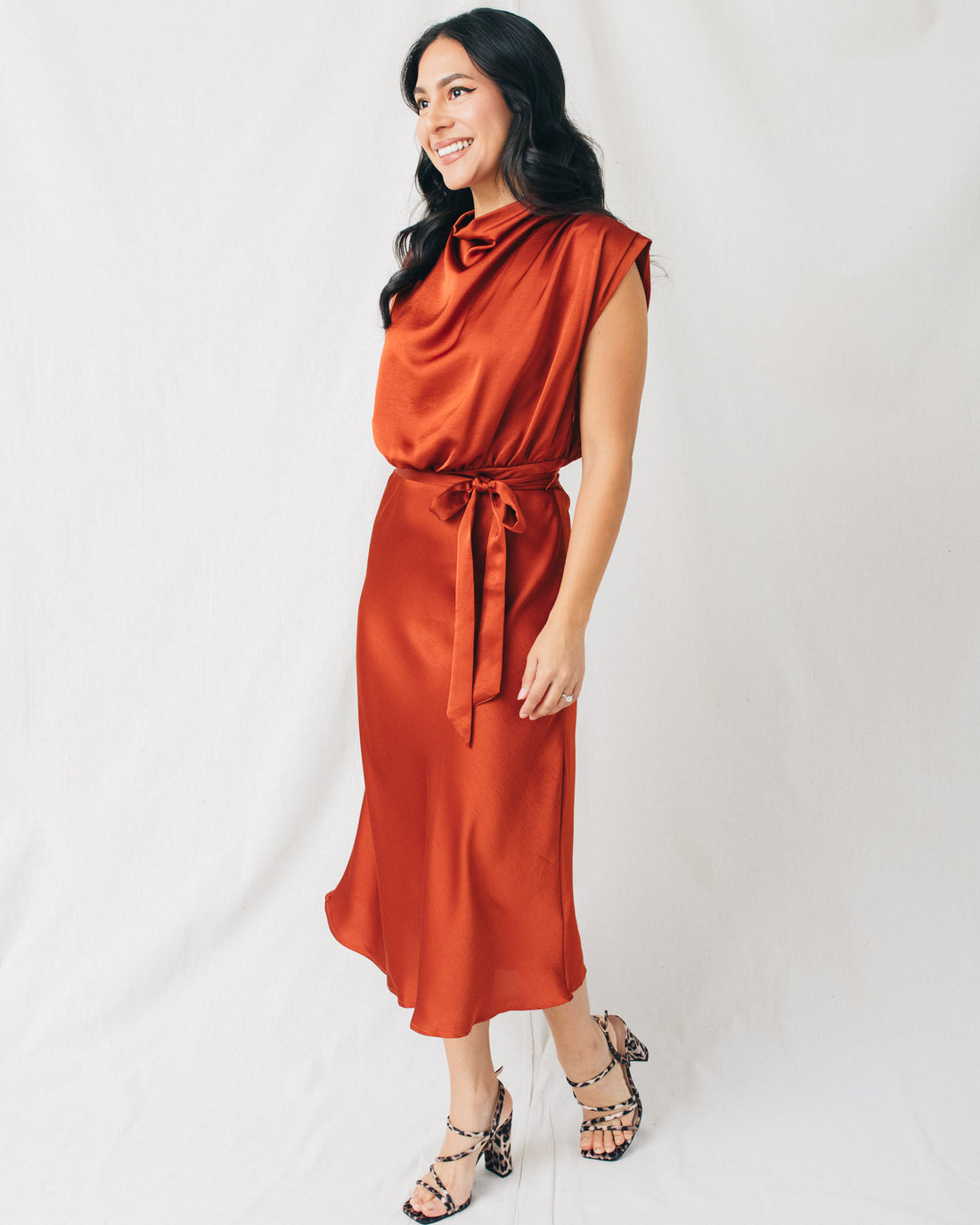 Vicky Cowl Neck Belted Solid Midi Dress