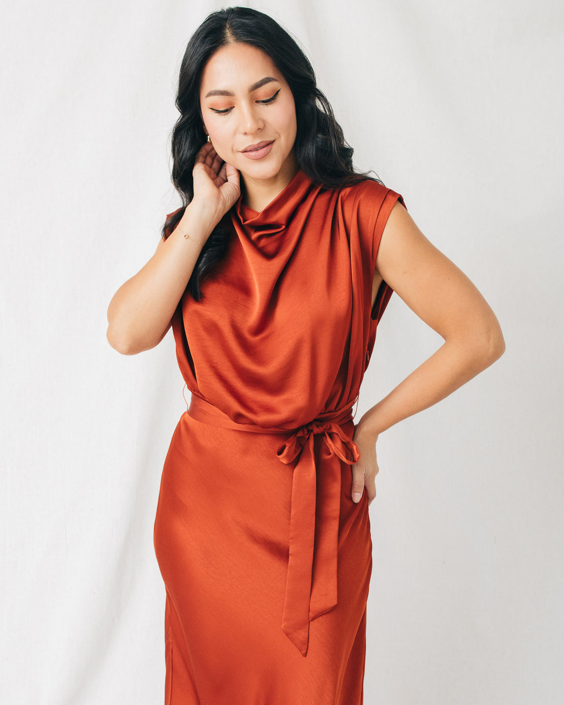 Vicky Cowl Neck Belted Solid Midi Dress