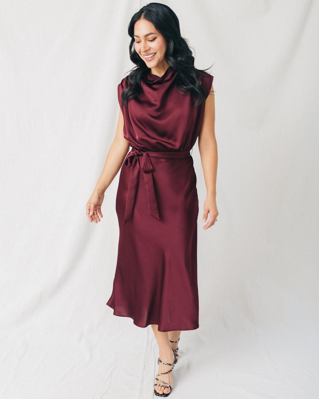 Vicky Cowl Neck Belted Solid Midi Dress