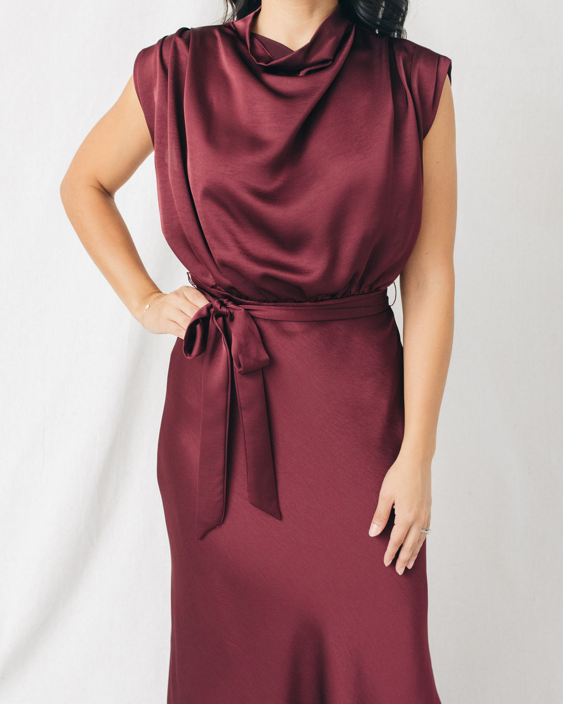 Vicky Cowl Neck Belted Solid Midi Dress