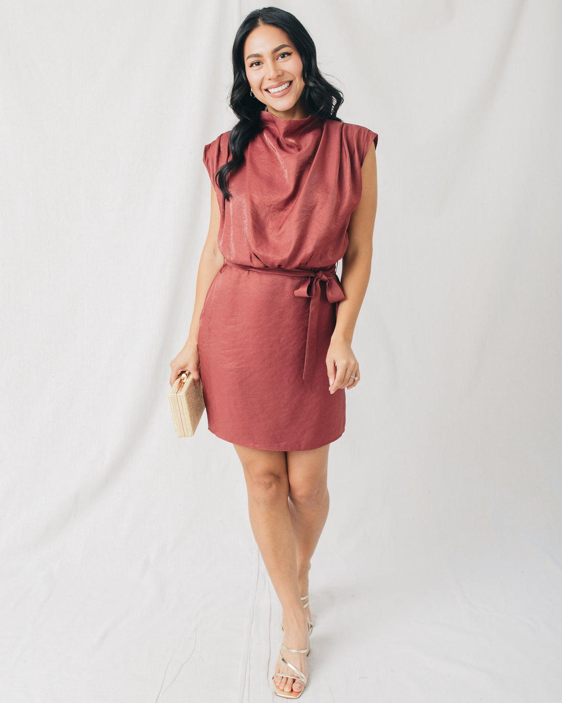 Denise Mock Neck Belted Solid Mini Dress