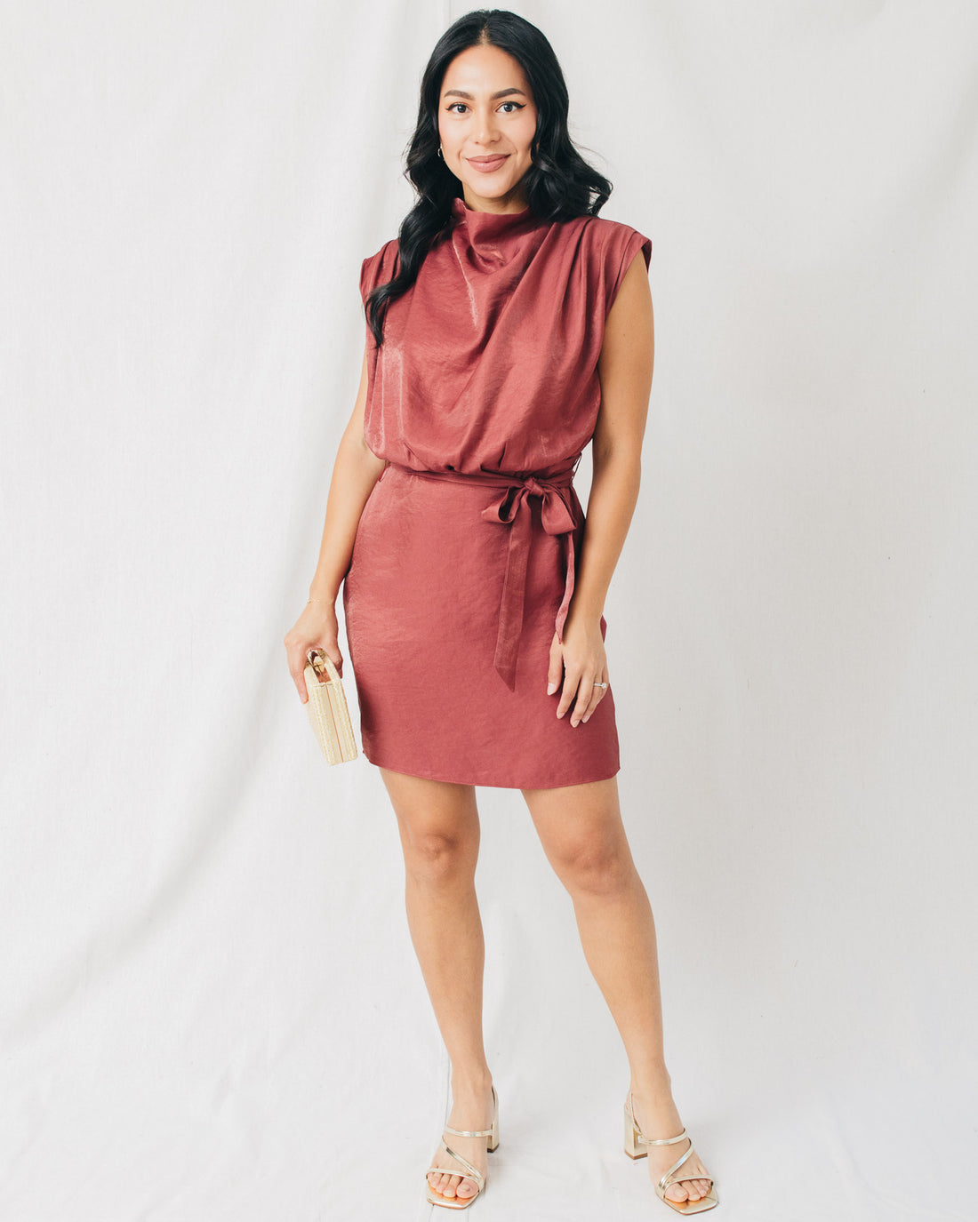 Denise Mock Neck Belted Solid Mini Dress
