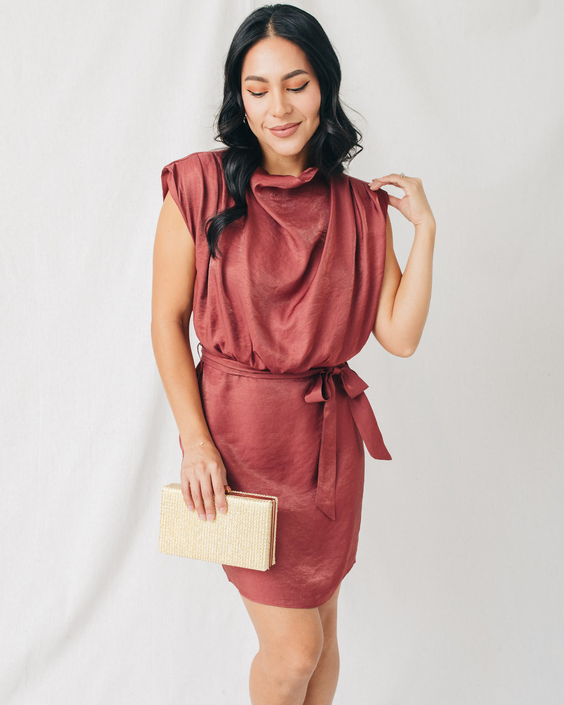 Denise Mock Neck Belted Solid Mini Dress