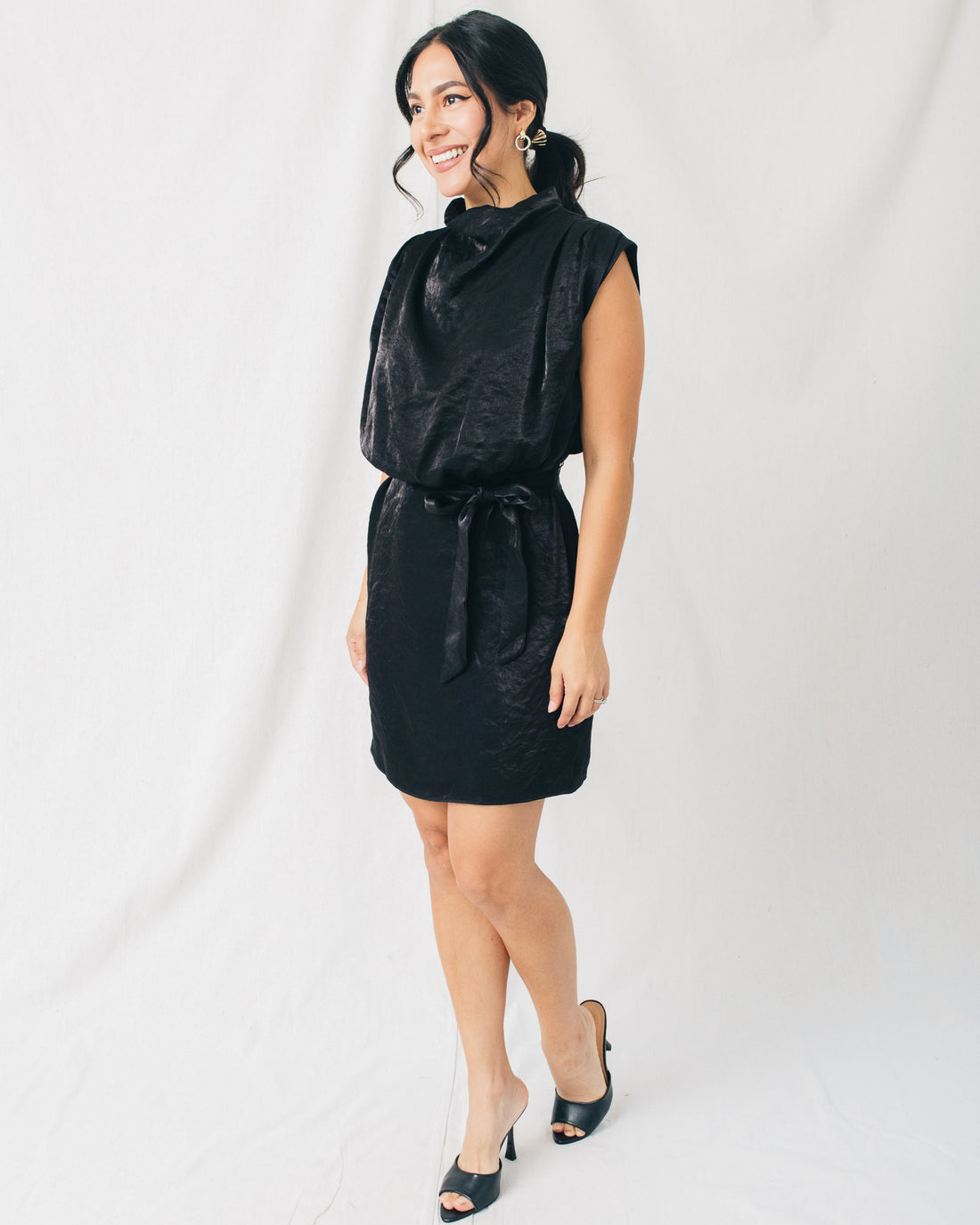 Denise Mock Neck Belted Solid Mini Dress
