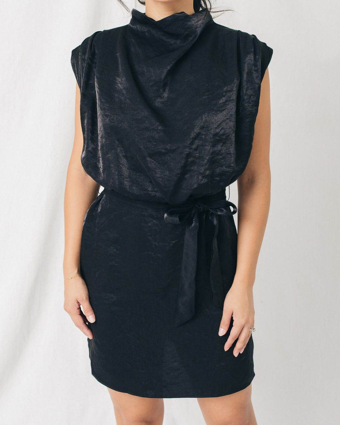 Denise Mock Neck Belted Solid Mini Dress