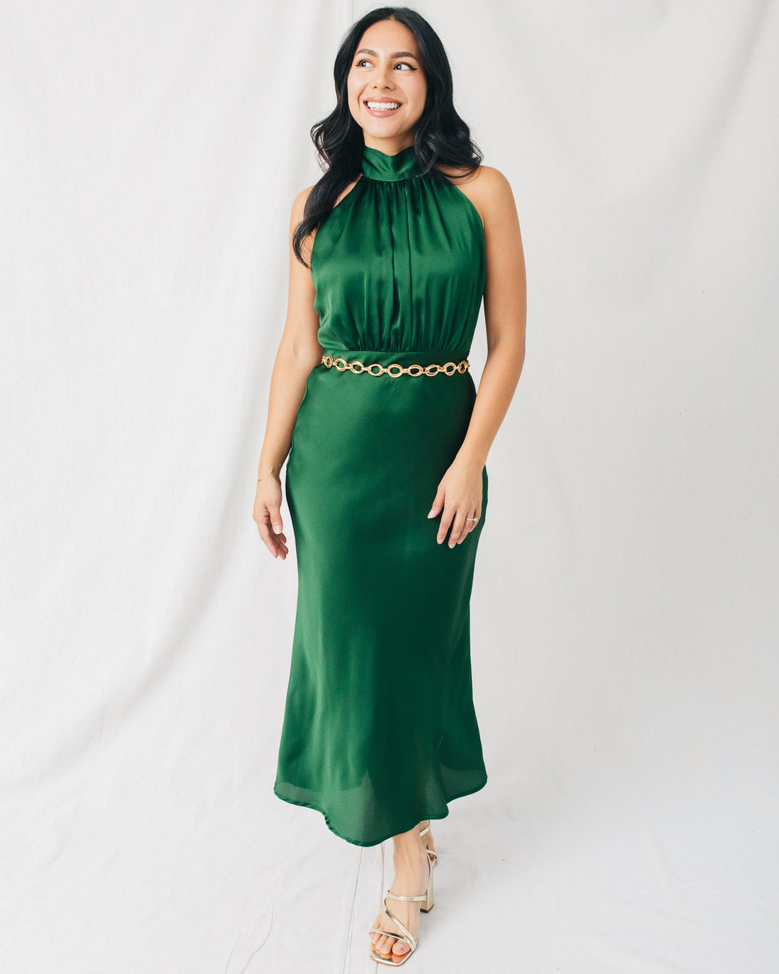All The Gossip Mock Neck Satin Midi Dress