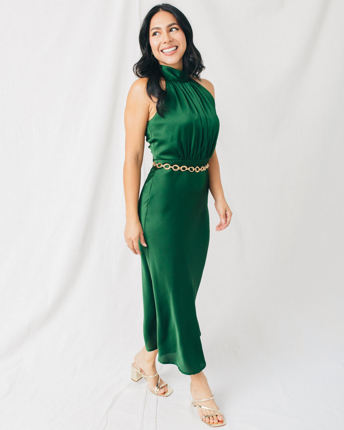All The Gossip Mock Neck Satin Midi Dress