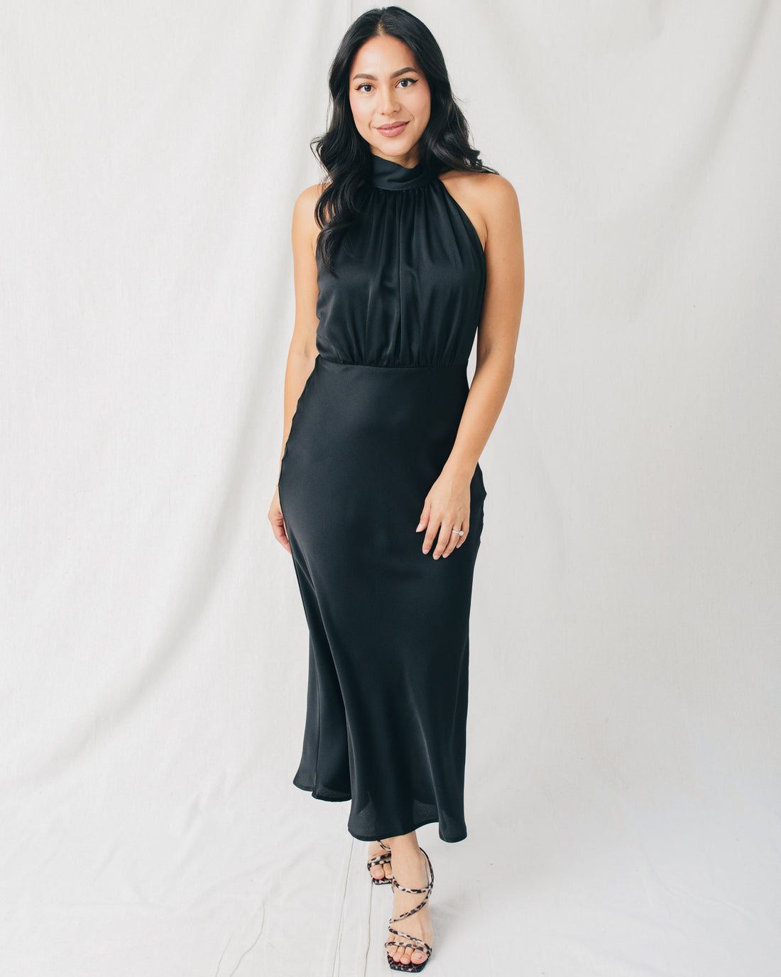 All The Gossip Mock Neck Satin Midi Dress