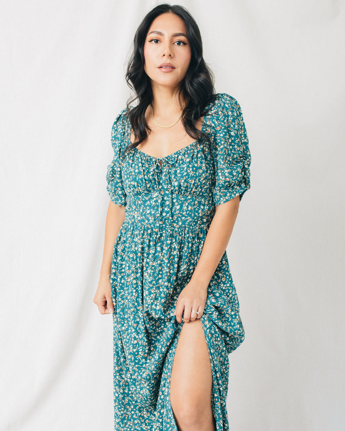 Tanvi Ruched Front Short Puff Sleeves Midi Dress