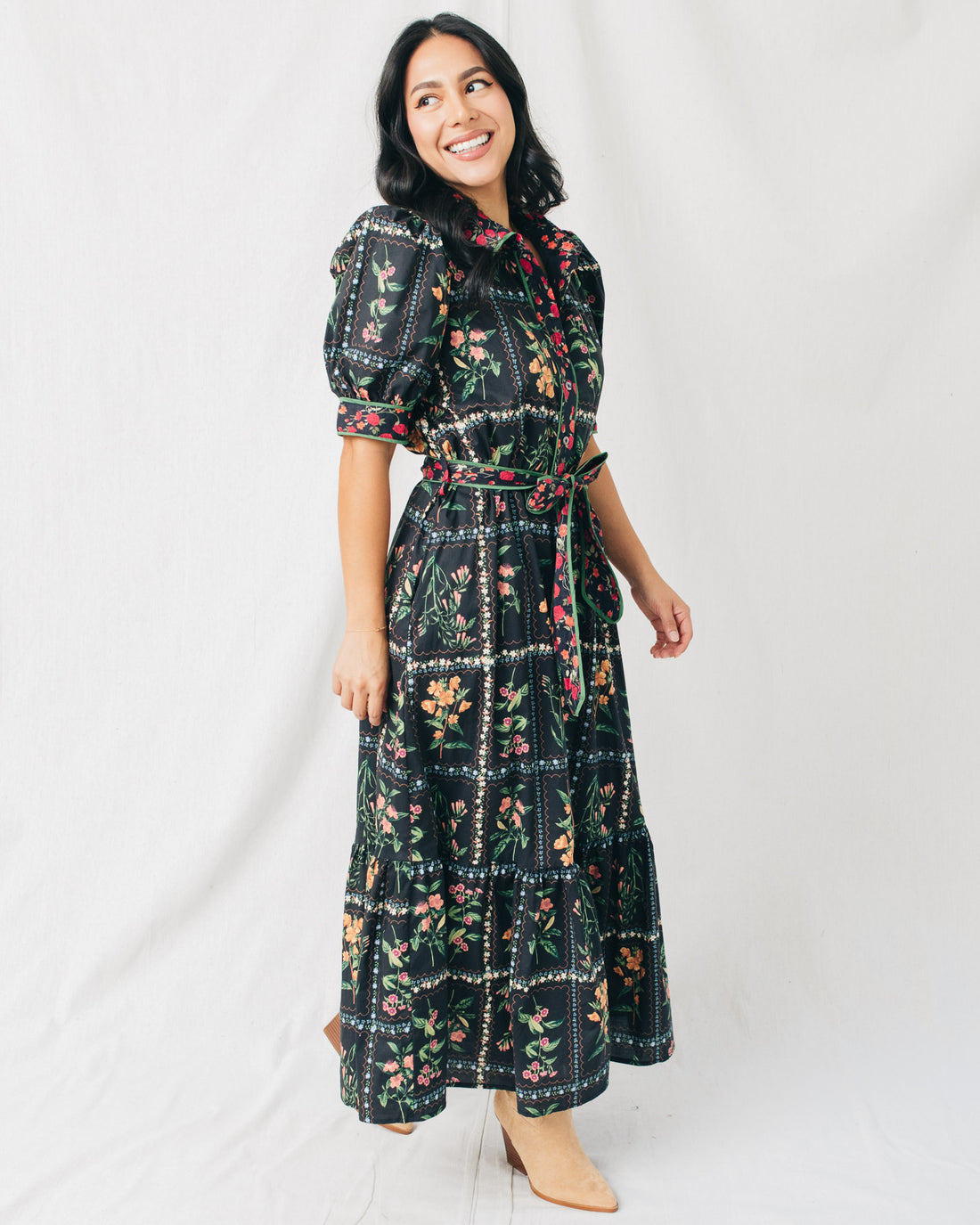 Sherry Short Puff Sleeve Belted Floral Midi Dress
