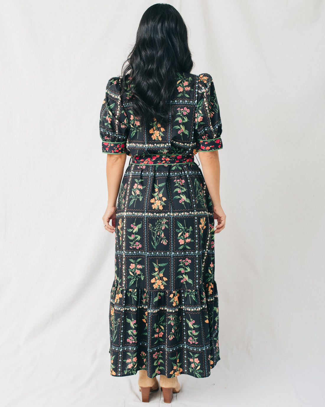Sherry Short Puff Sleeve Belted Floral Midi Dress