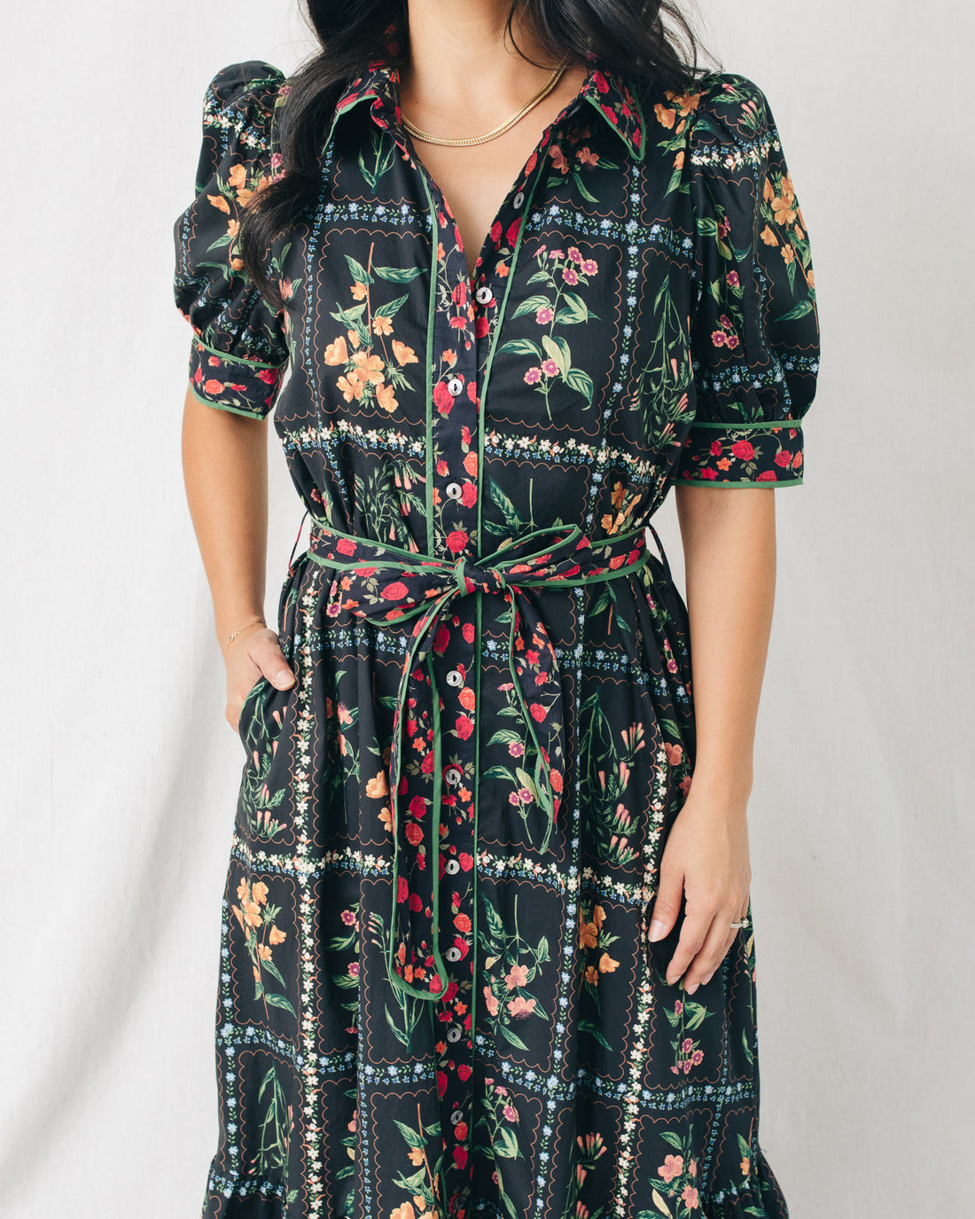 Sherry Short Puff Sleeve Belted Floral Midi Dress