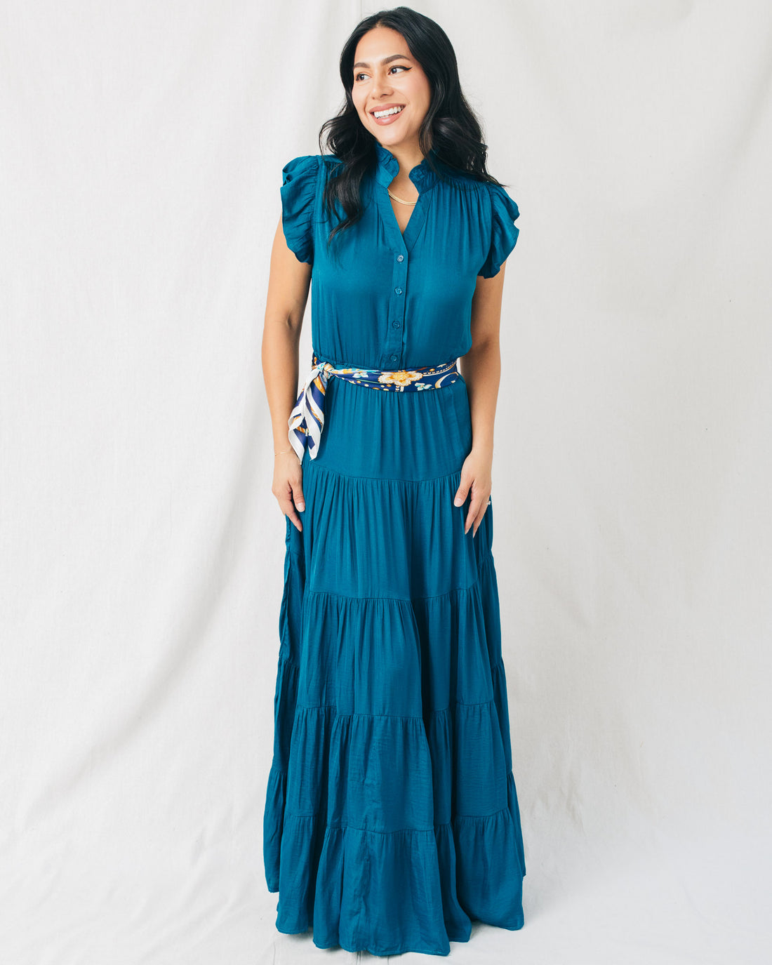 Genovia V-Neck Tiered Solid Maxi Dress