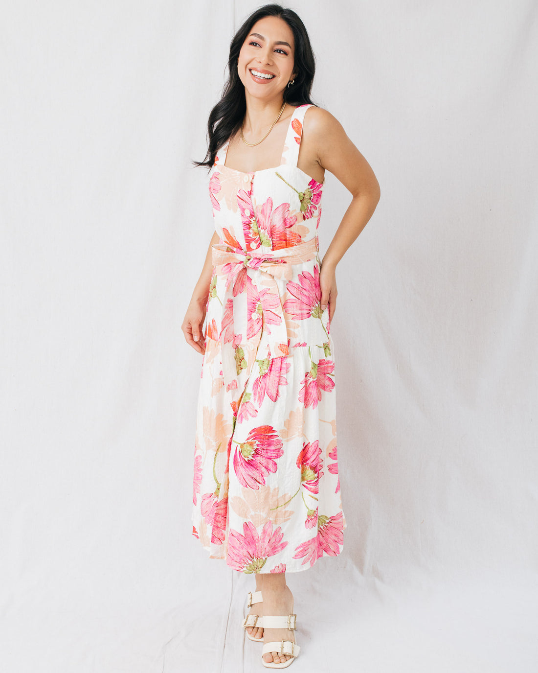 Spring Gardens Button Front Waist Tie Printed Midi Dress