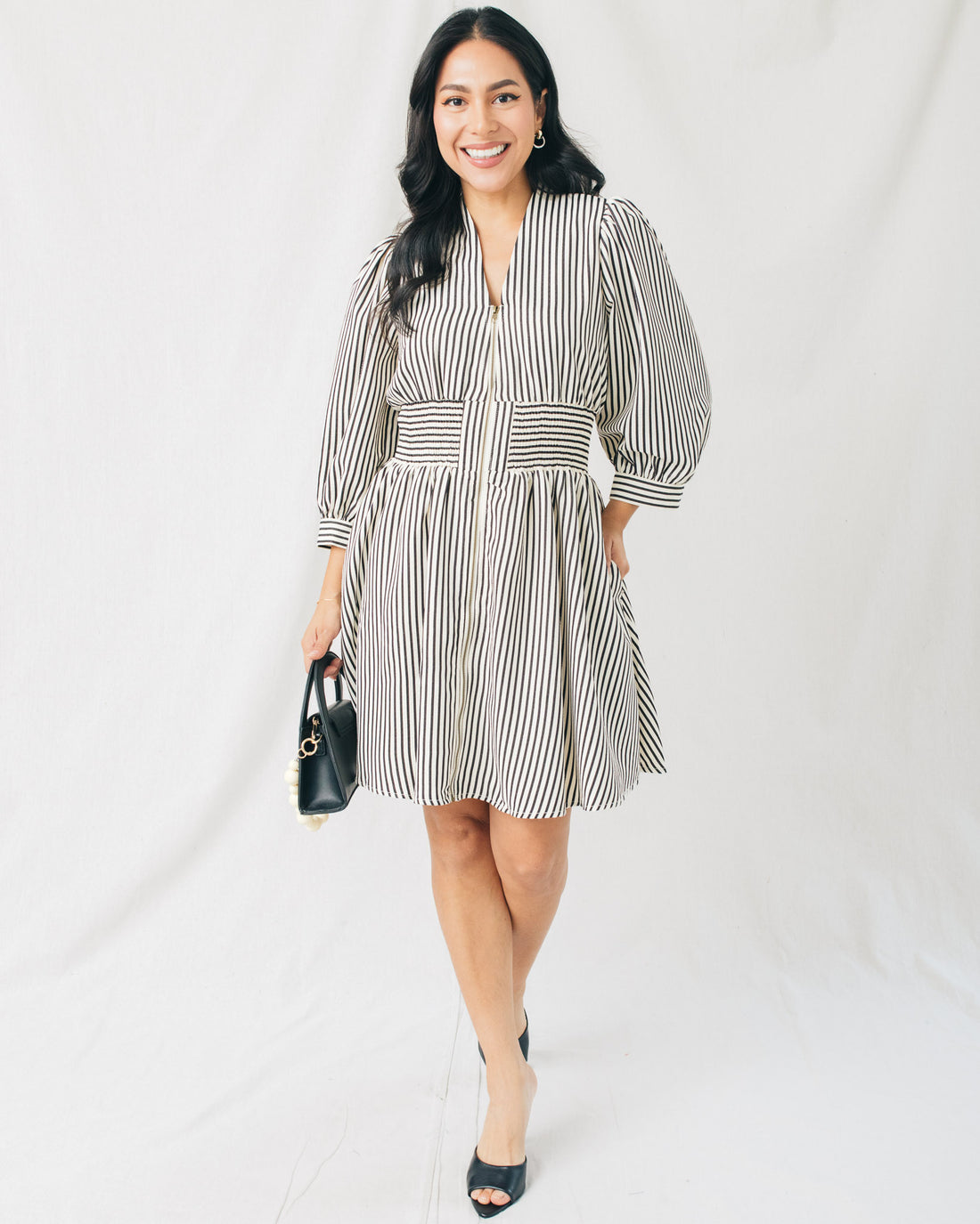 Bailey 3/4 Sleeve Front Zipper Striped Mini Dress