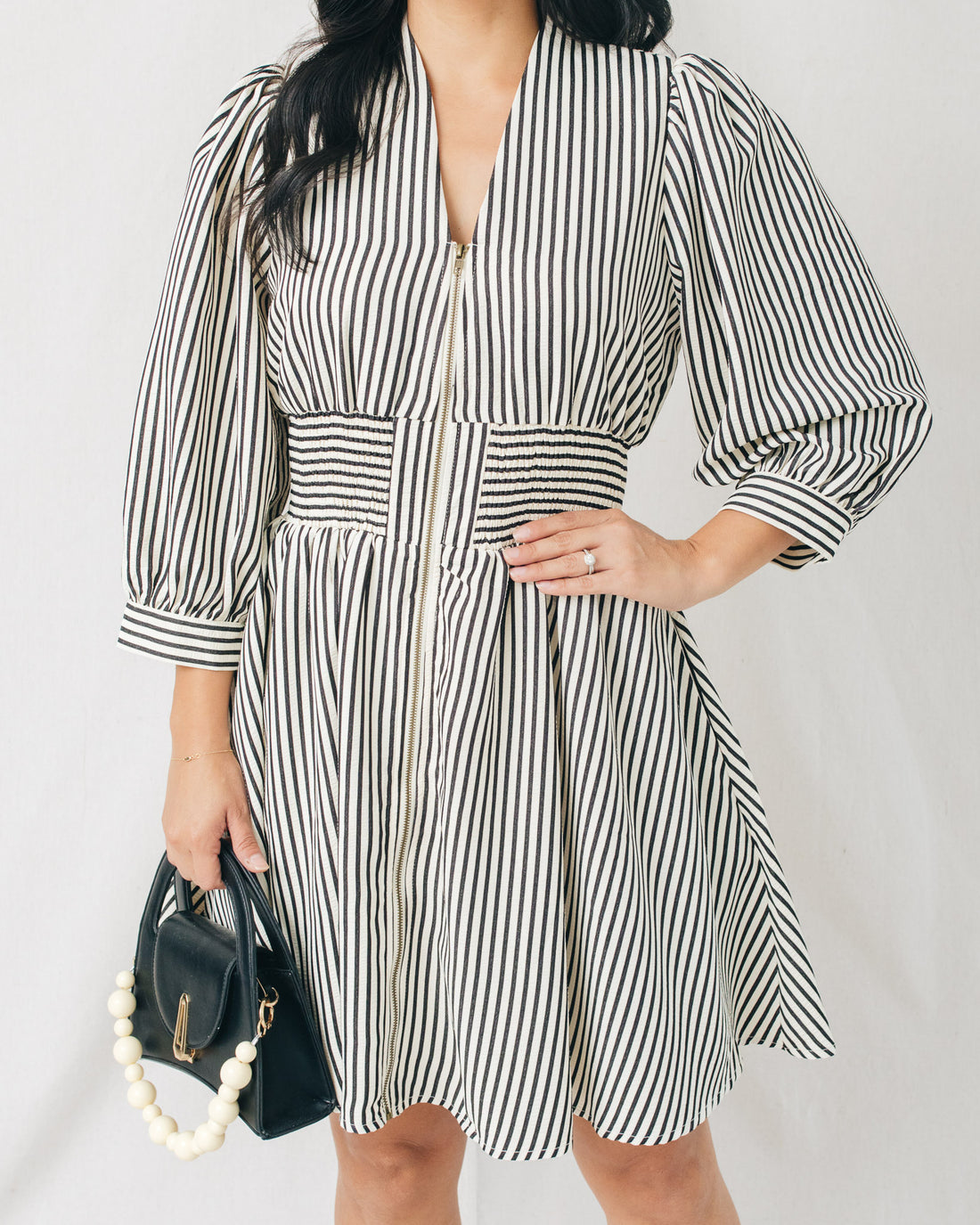 Bailey 3/4 Sleeve Front Zipper Striped Mini Dress