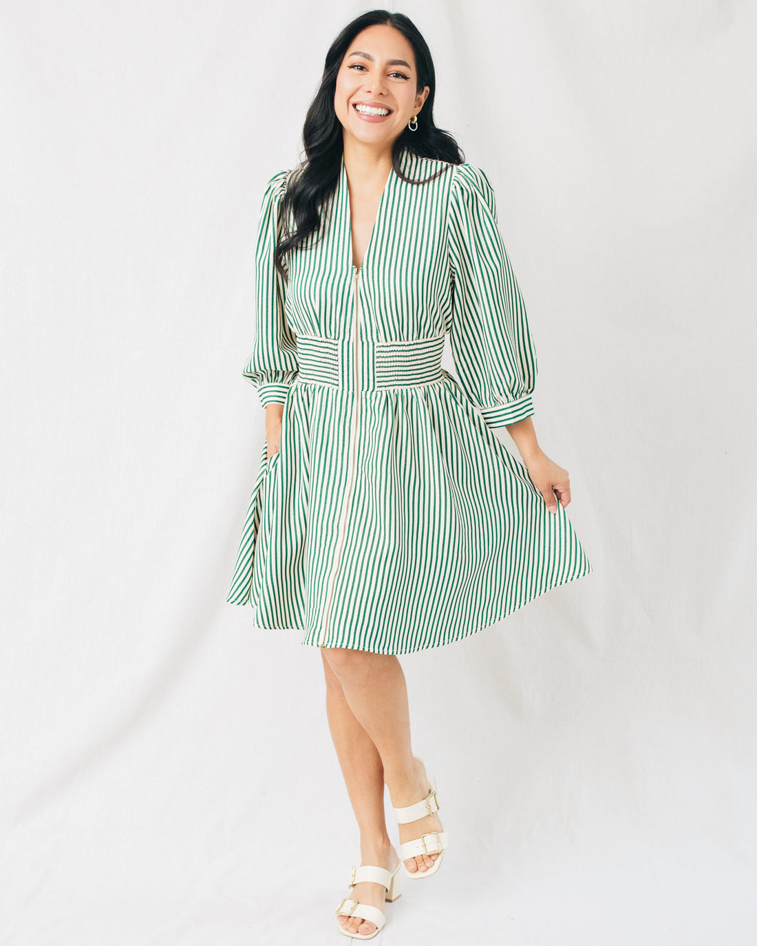 Bailey 3/4 Sleeve Front Zipper Striped Mini Dress