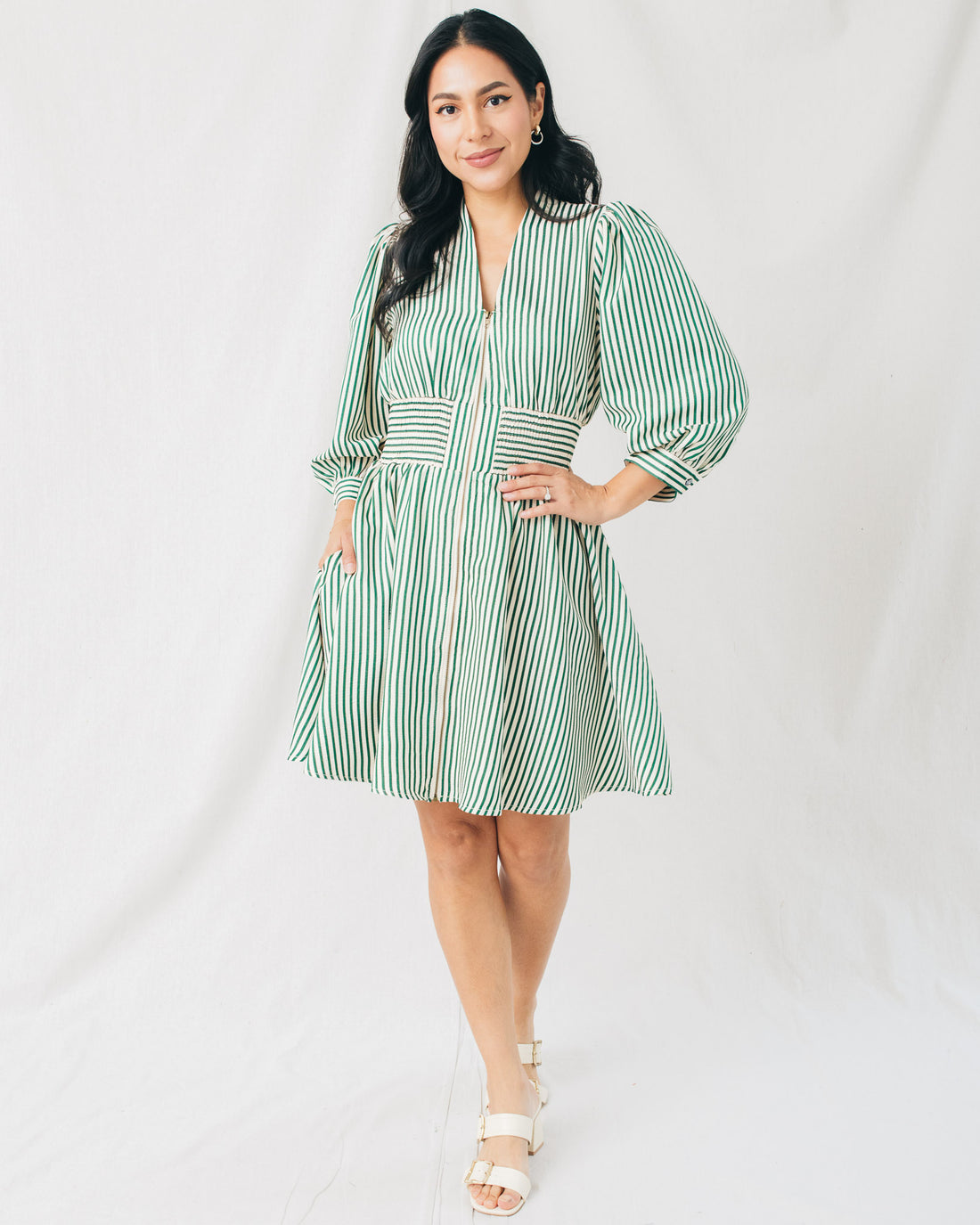 Bailey 3/4 Sleeve Front Zipper Striped Mini Dress