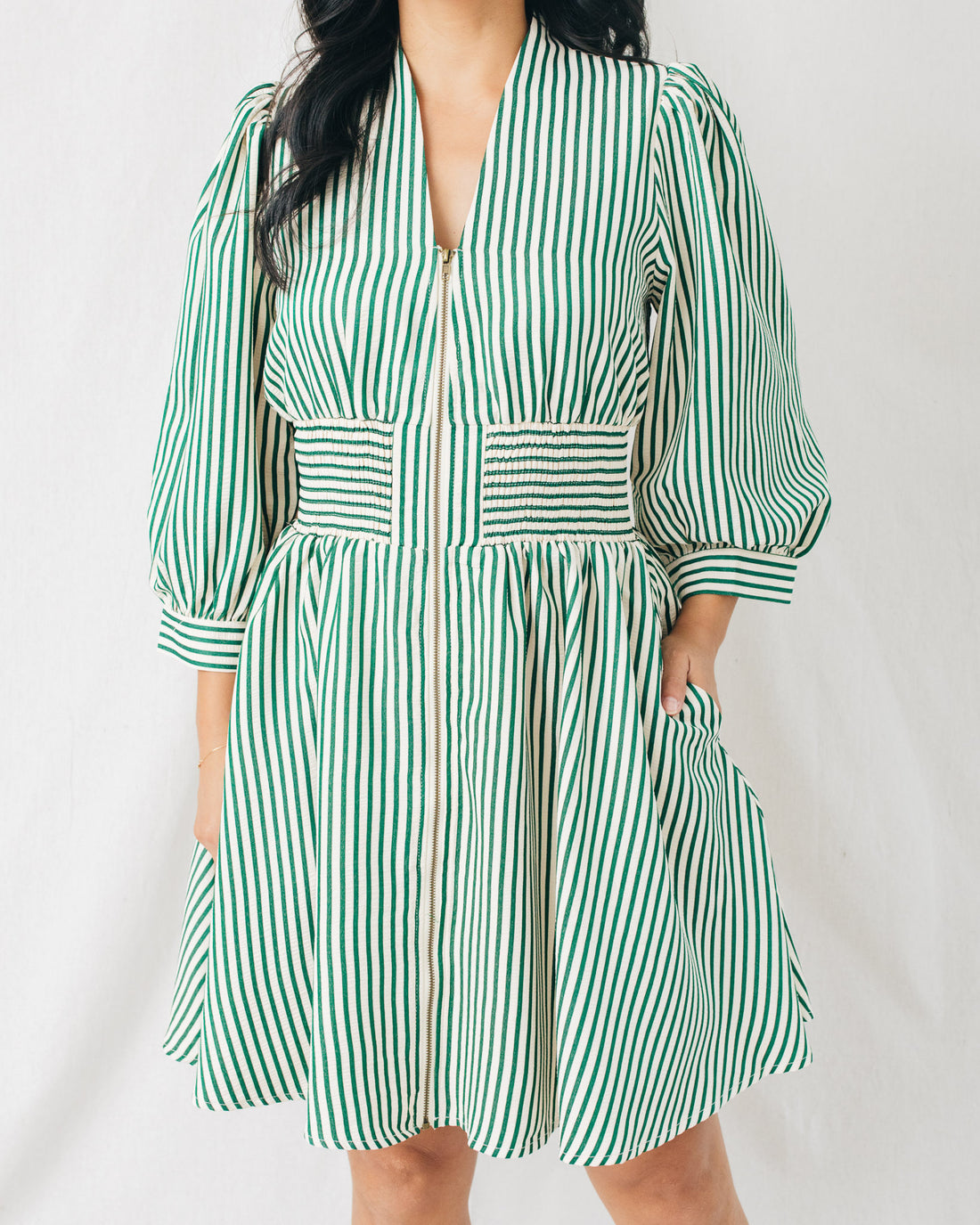 Bailey 3/4 Sleeve Front Zipper Striped Mini Dress