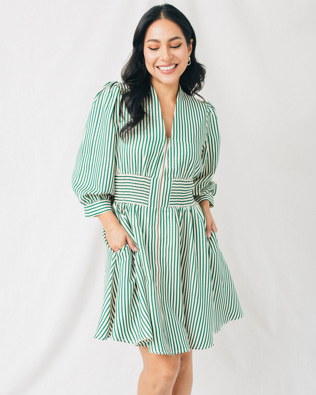 Bailey 3/4 Sleeve Front Zipper Striped Mini Dress