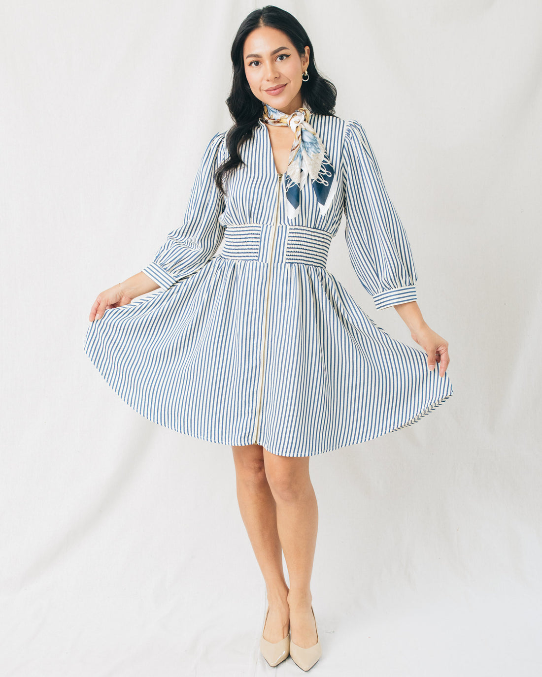 Bailey 3/4 Sleeve Front Zipper Striped Mini Dress