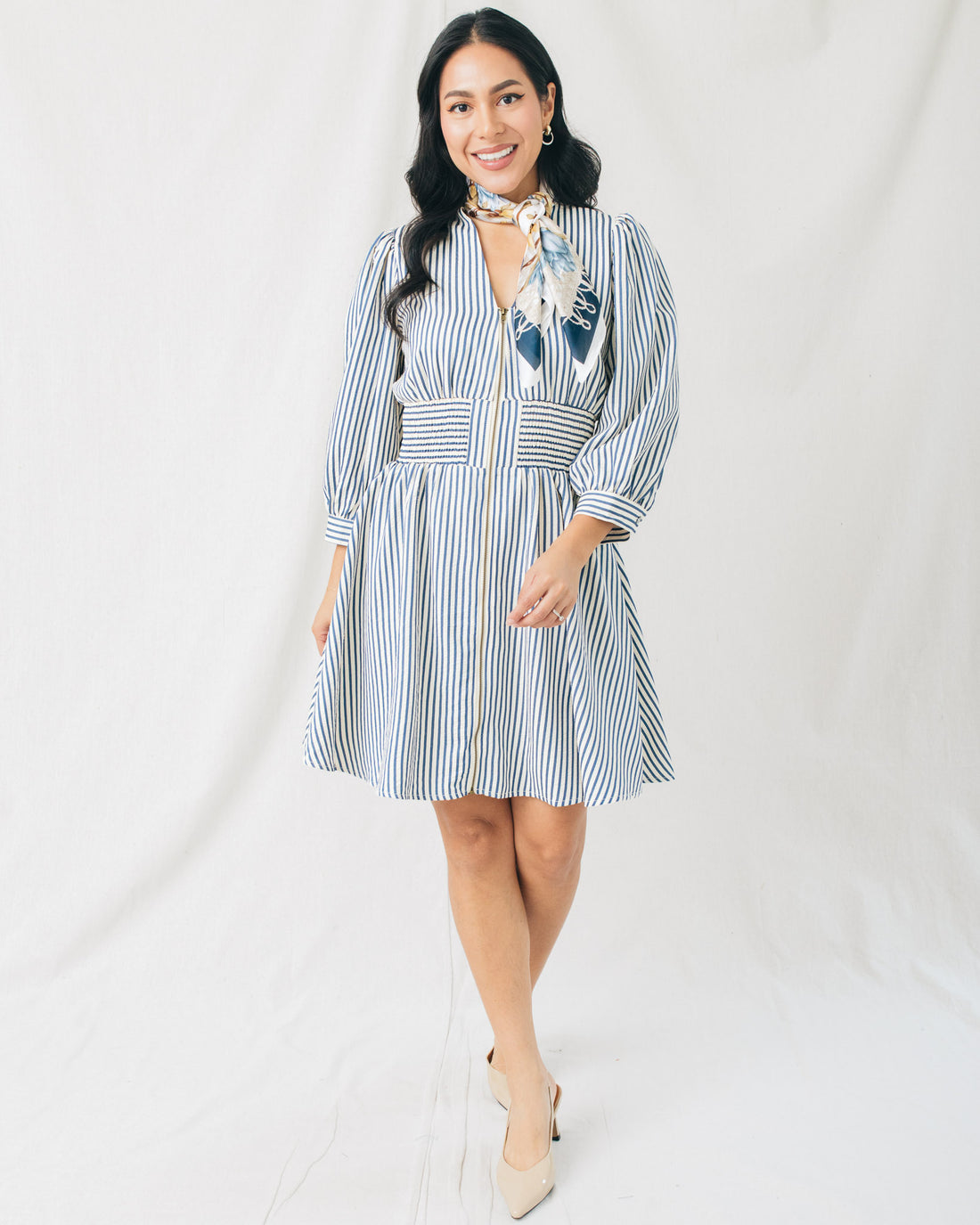 Bailey 3/4 Sleeve Front Zipper Striped Mini Dress