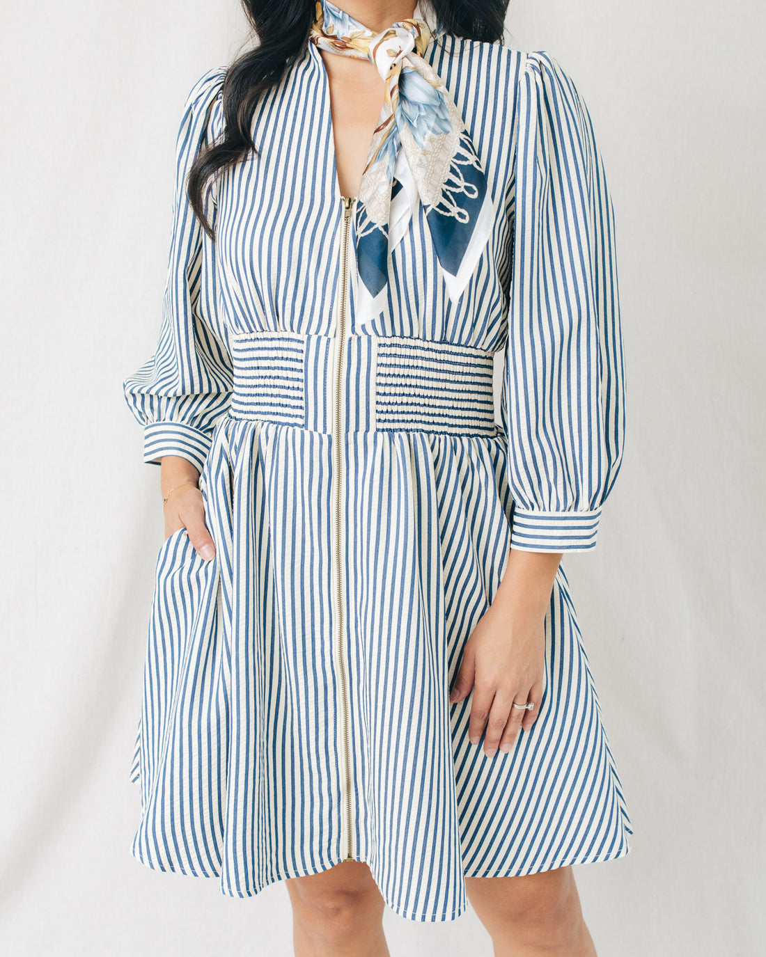 Bailey 3/4 Sleeve Front Zipper Striped Mini Dress