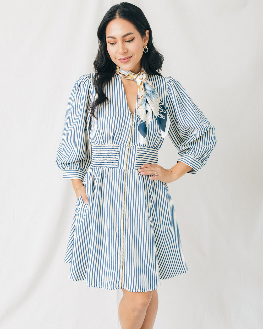 Bailey 3/4 Sleeve Front Zipper Striped Mini Dress