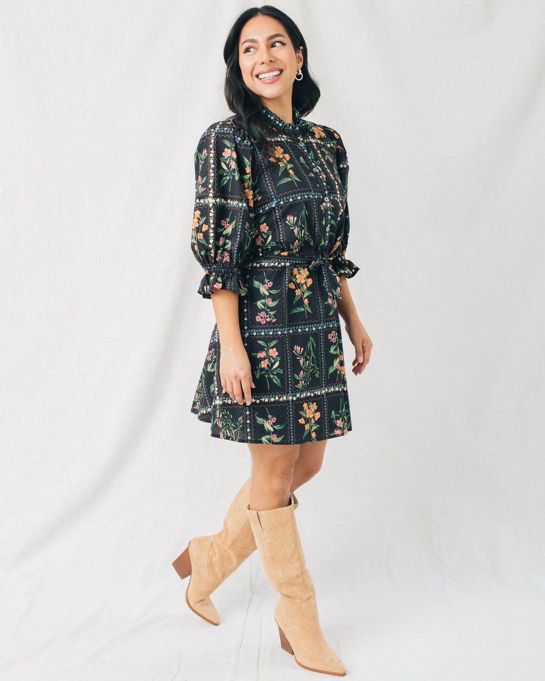 Sherry 3/4 Sleeves Ruffled High Neck Floral Mini Dress