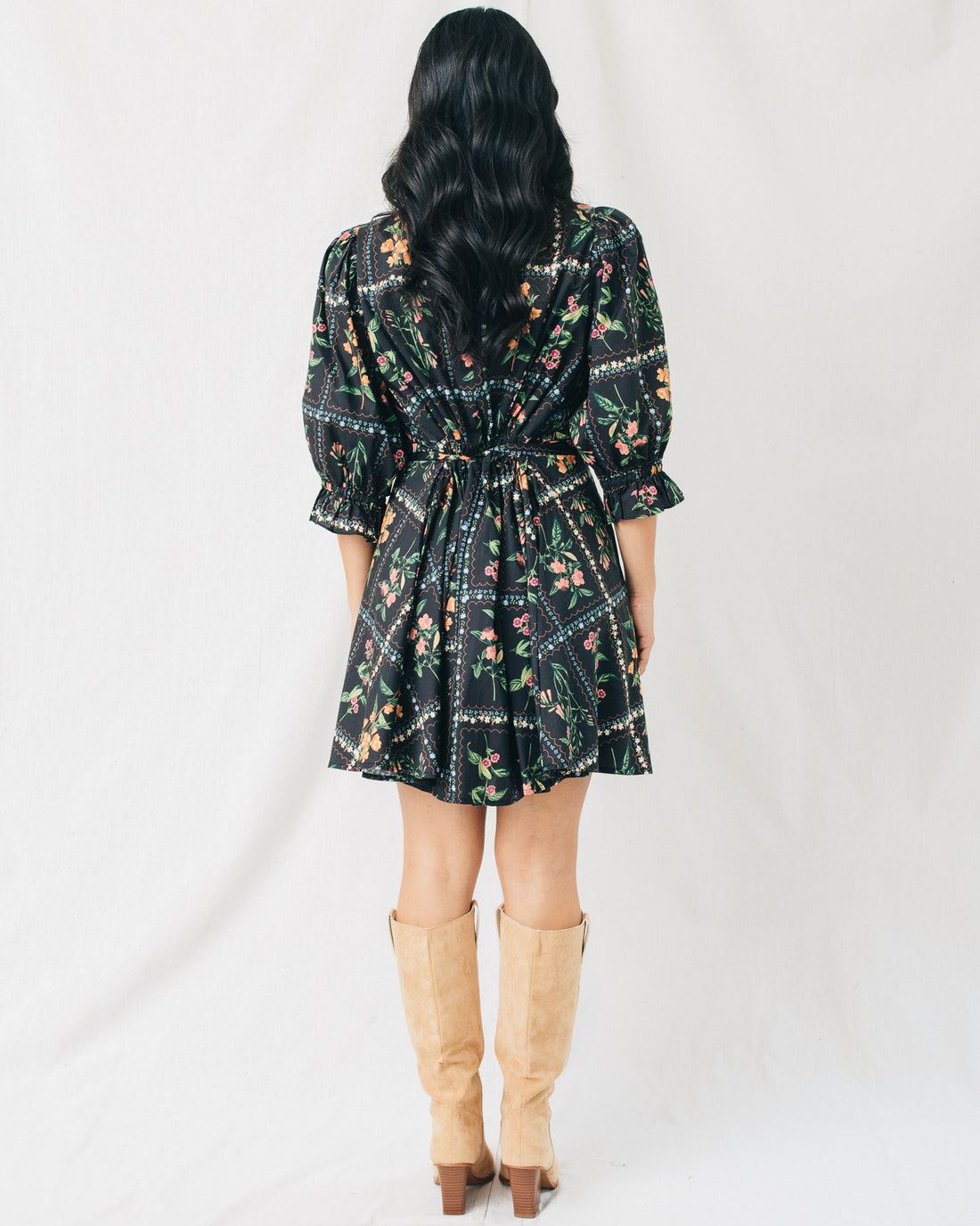 Sherry 3/4 Sleeves Ruffled High Neck Floral Mini Dress