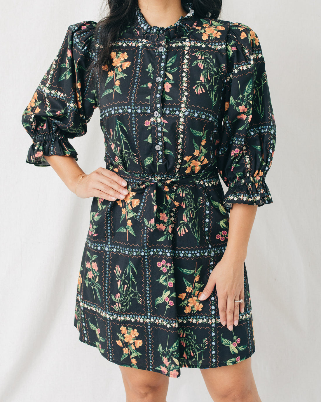 Sherry 3/4 Sleeves Ruffled High Neck Floral Mini Dress