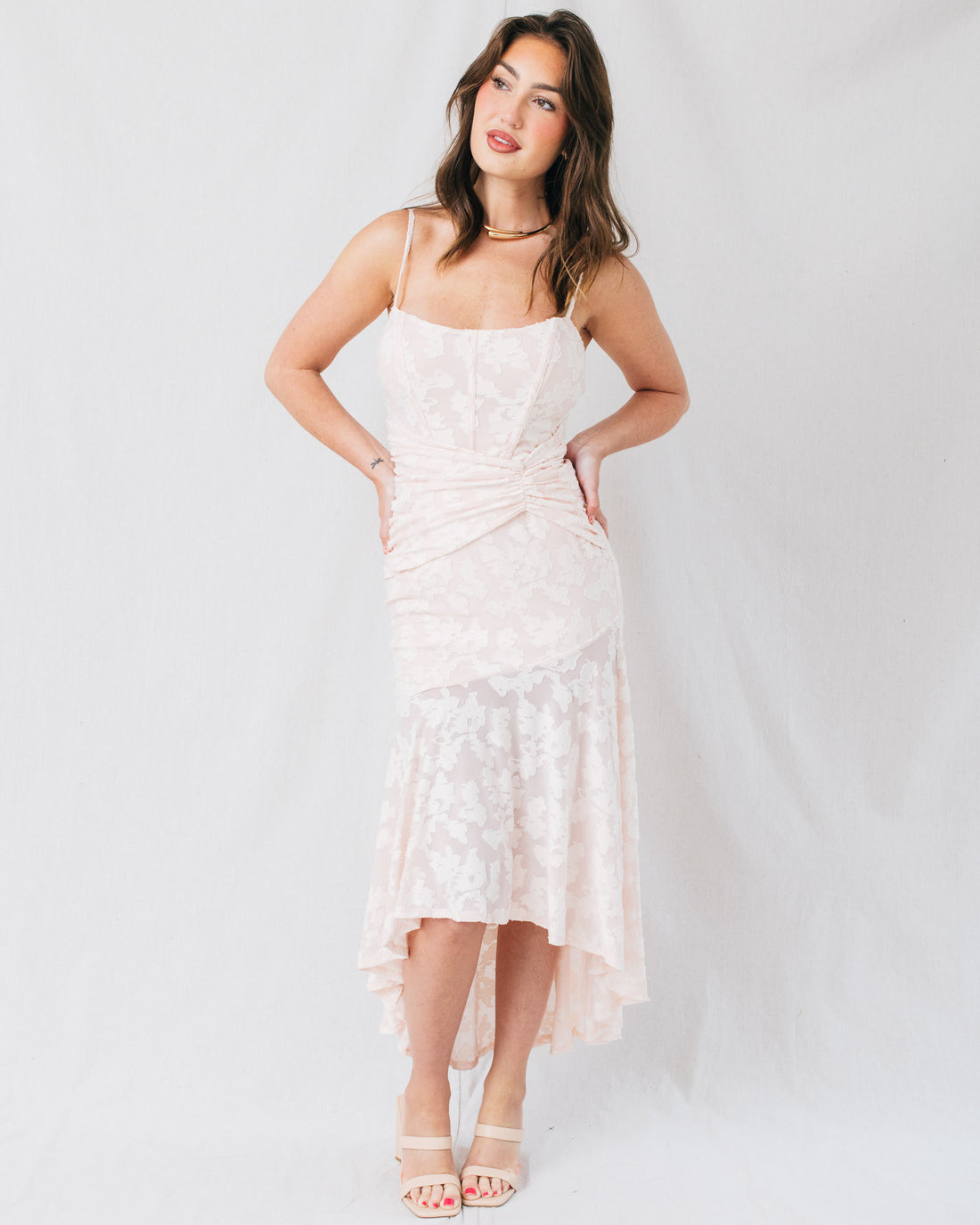 Jayla Corset Bodice Ruched Jacquard Midi Dress