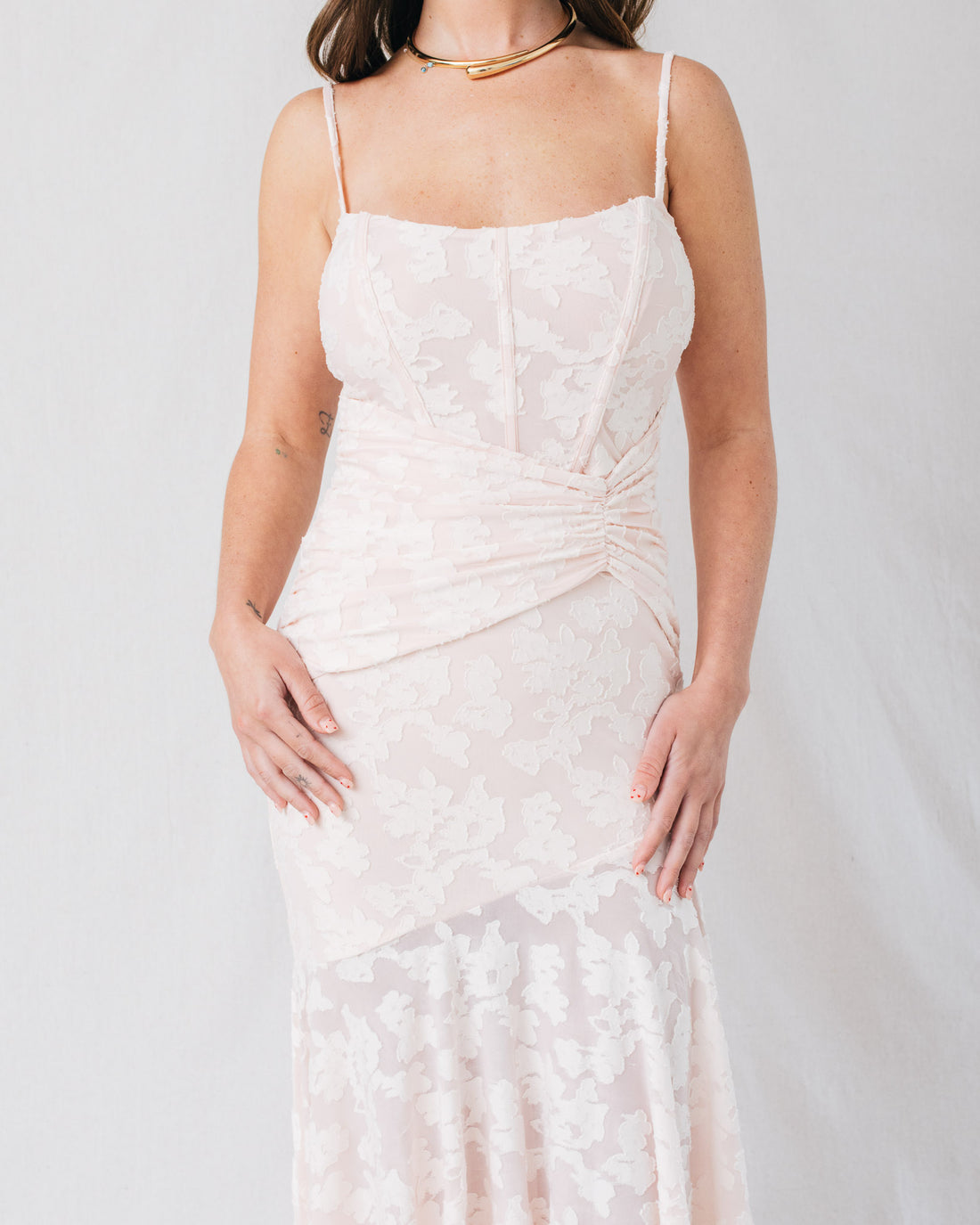 Jayla Corset Bodice Ruched Jacquard Midi Dress