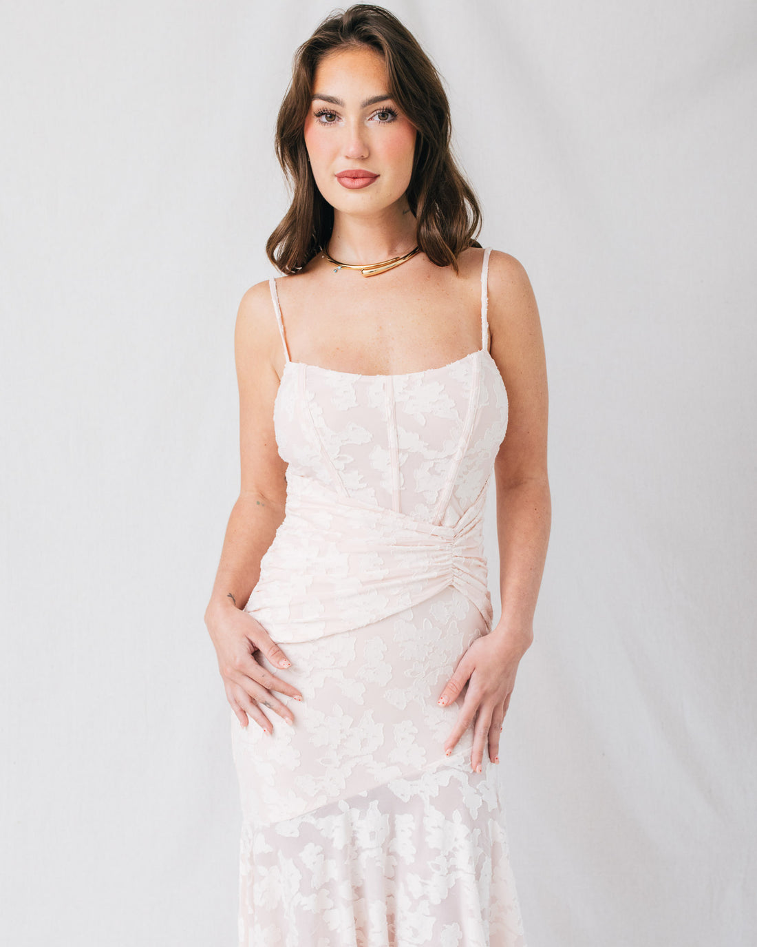 Jayla Corset Bodice Ruched Jacquard Midi Dress