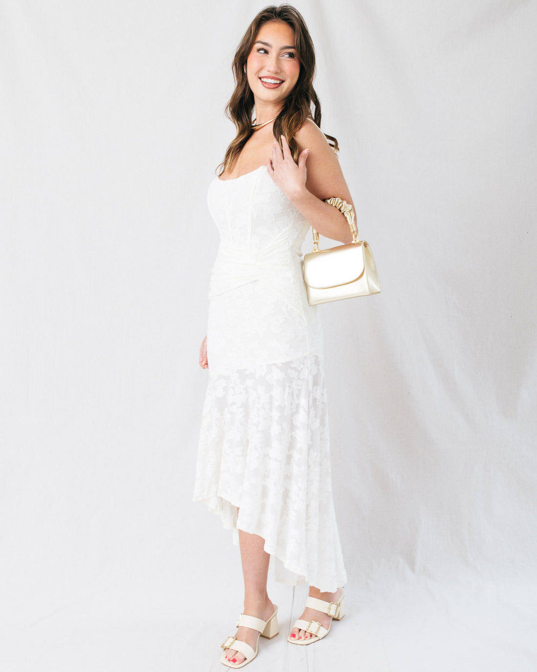 Jayla Corset Bodice Ruched Jacquard Midi Dress