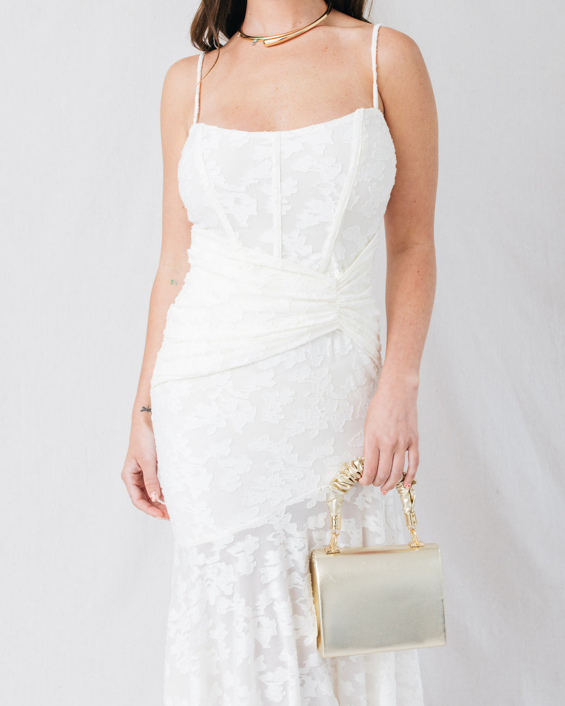 Jayla Corset Bodice Ruched Jacquard Midi Dress