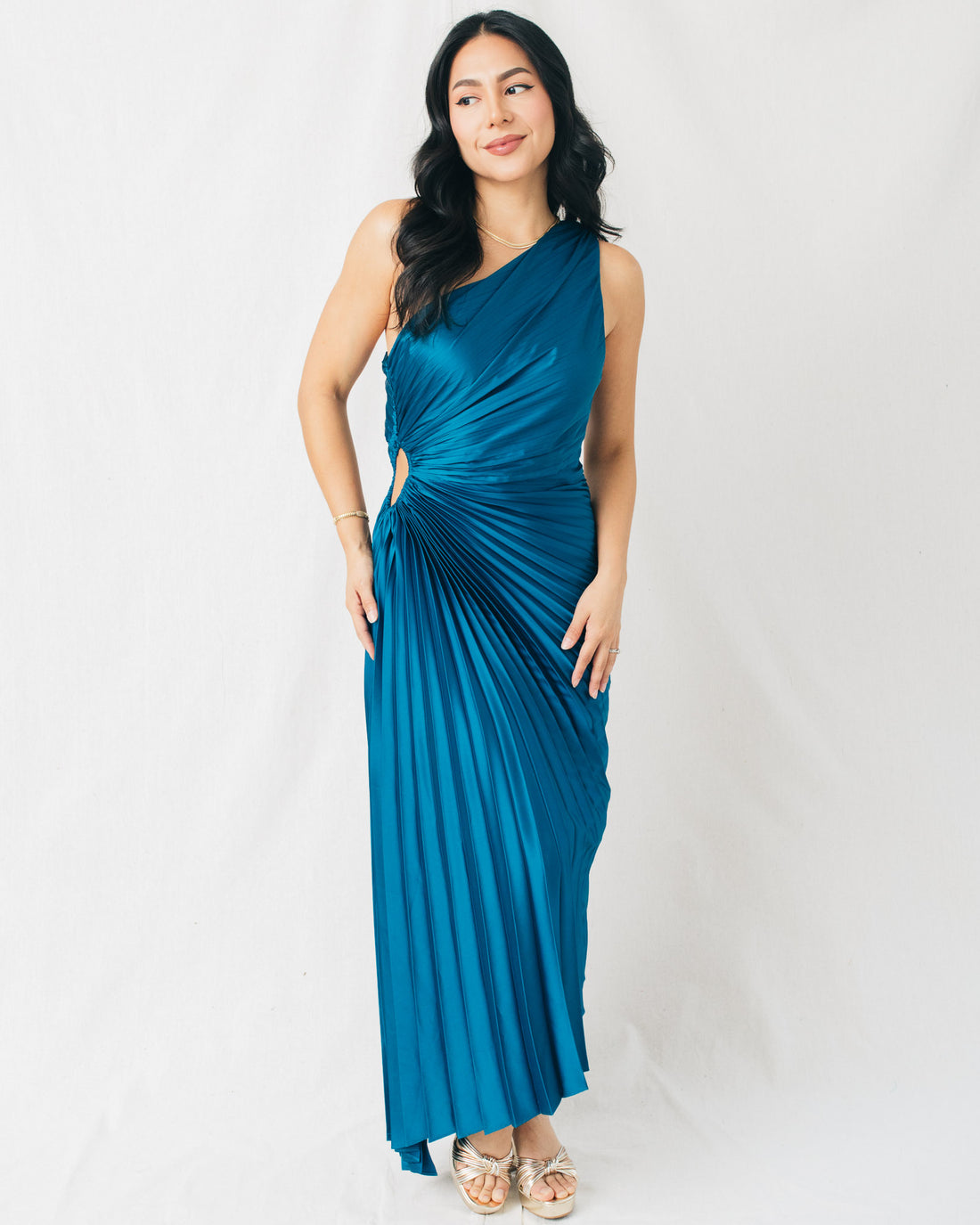 Olympia Asymmetrical Pleated Maxi Dress