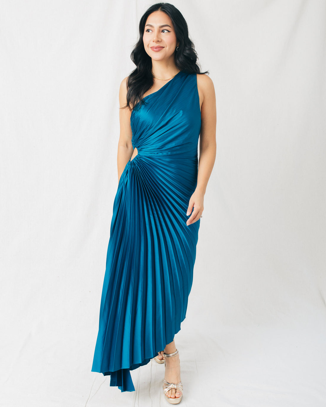 Olympia Asymmetrical Pleated Maxi Dress