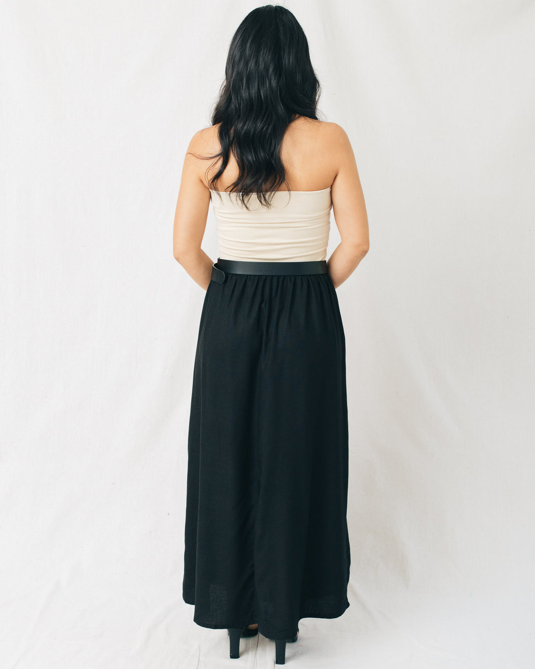 Erin Strapless Fold Over Mix Media Midi Dress