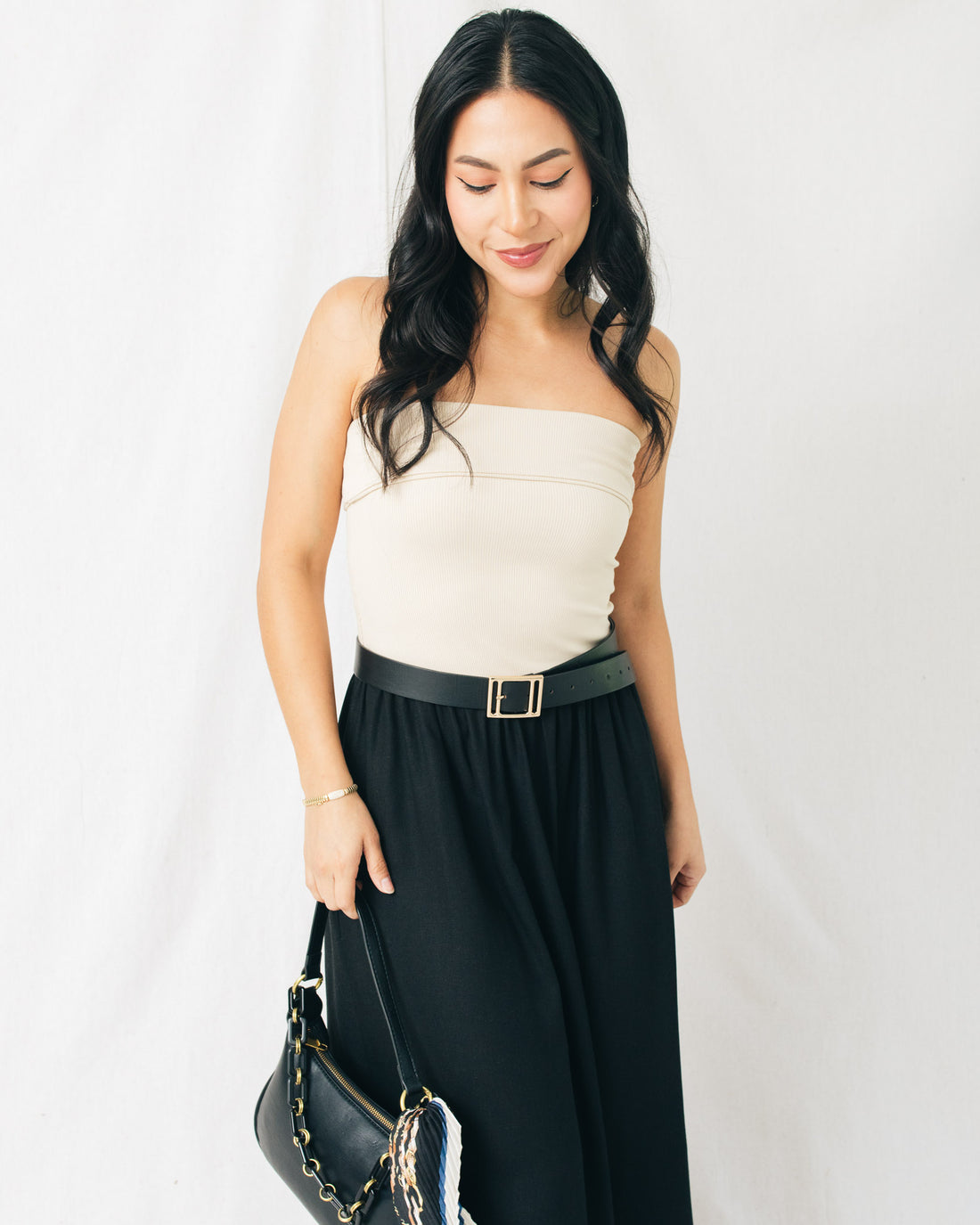 Erin Strapless Fold Over Mix Media Midi Dress