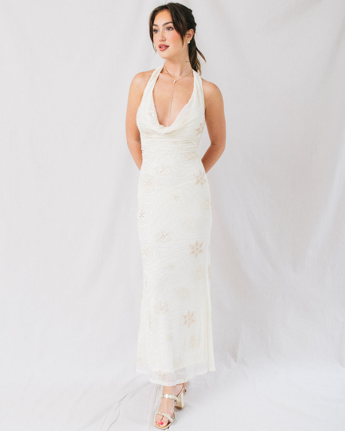 Ariel Halter Neck Lace Up Back Mermaid Beaded Midi Dress